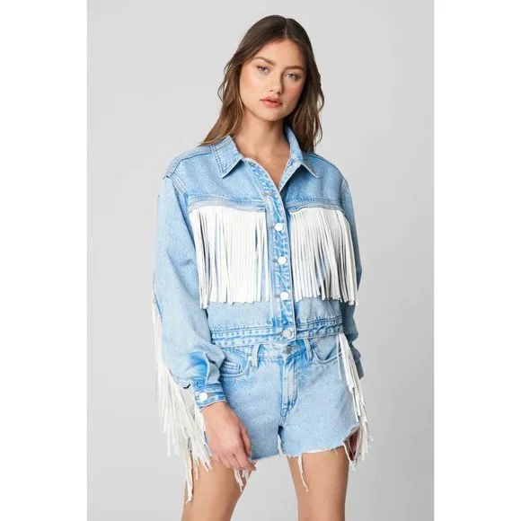 BlankNYC Jacket Nice Try Blue Denim White Fringe Button - Picture 3 of 14